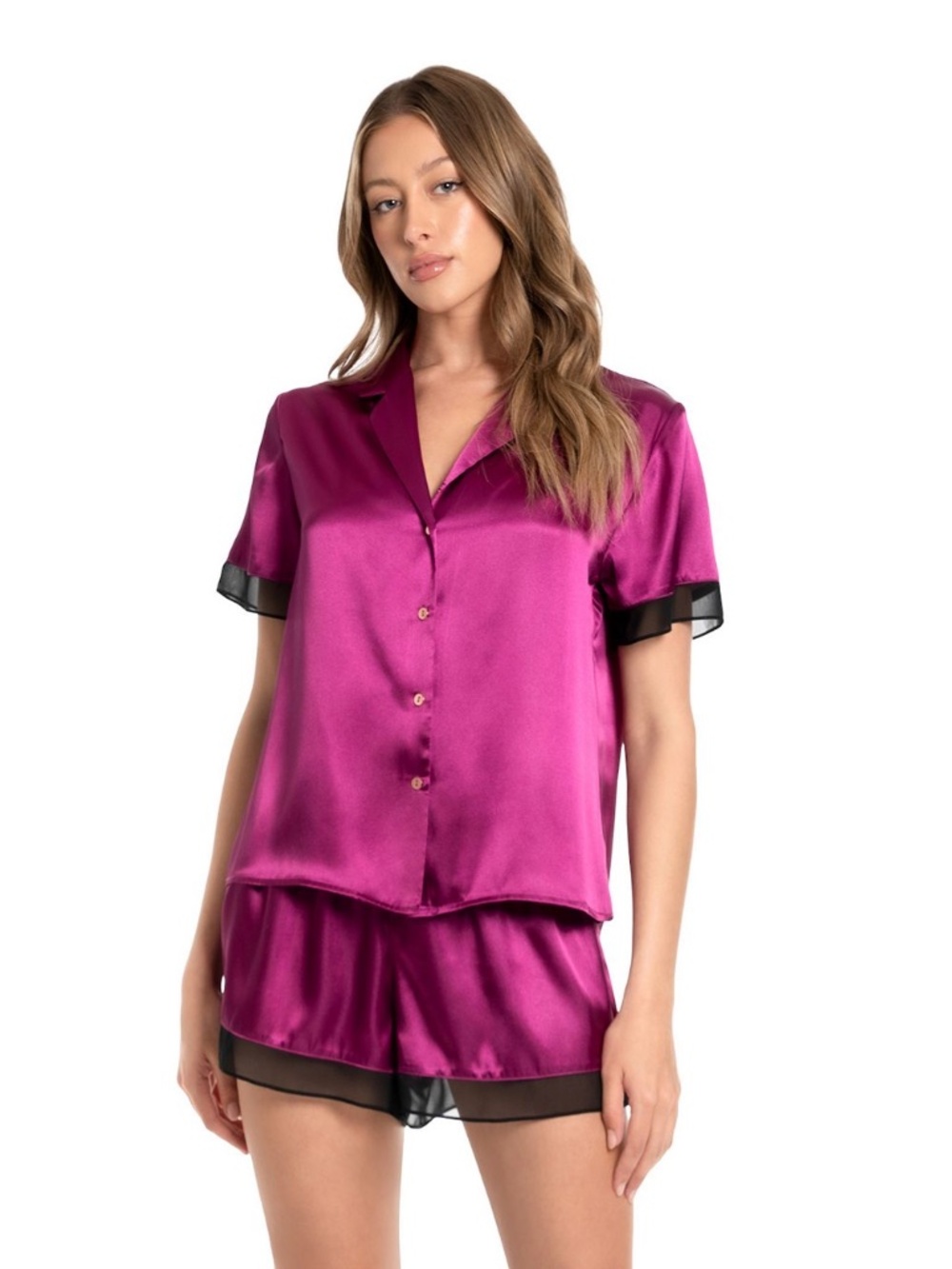 Women's Magenta Pink Satin Short Sleeve Pajama Top & Chiffon Trim Pajama Shorts